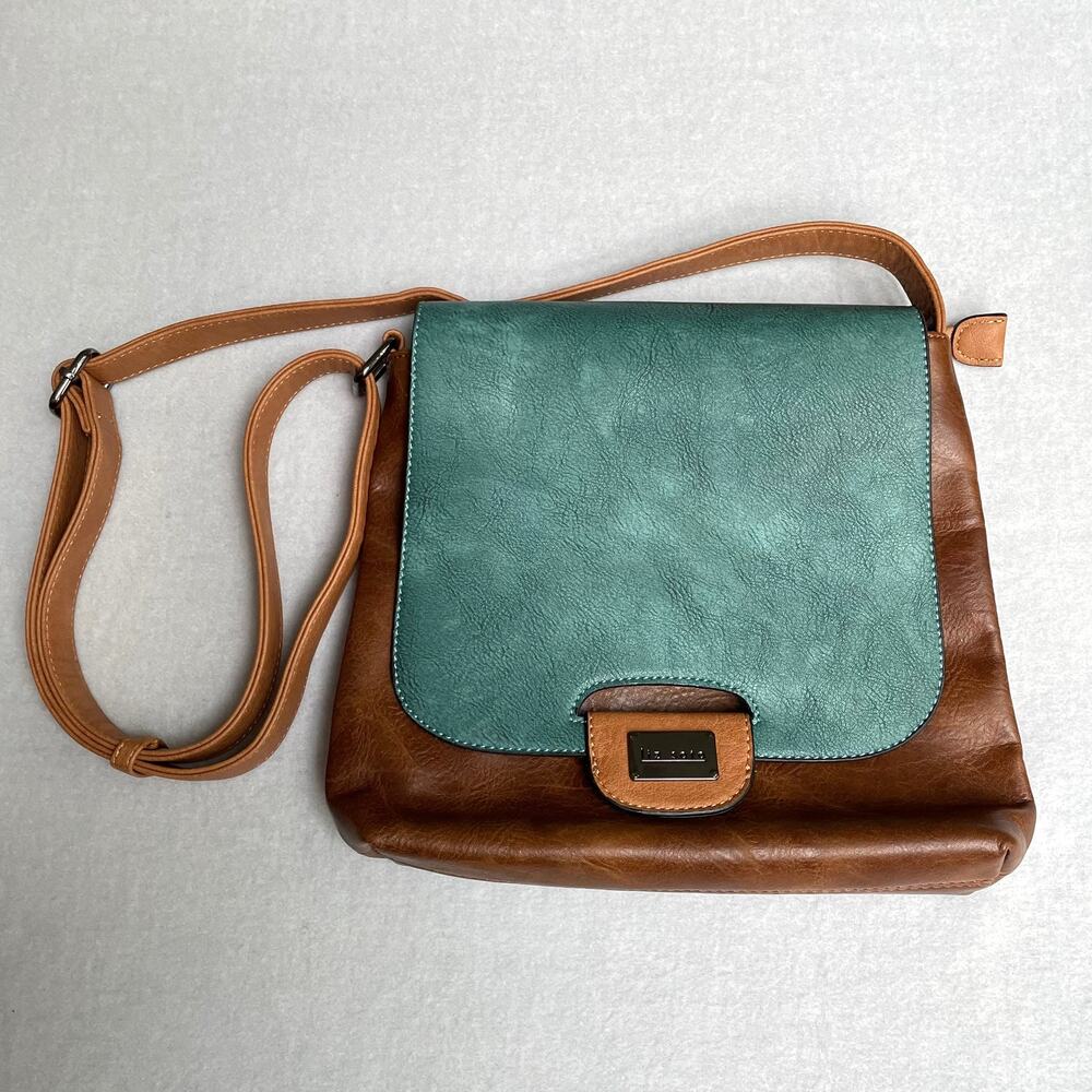 Liz Soto Crossbody Shoulder Bag Purse Vegan Leather Blue Green/Brown Handbag